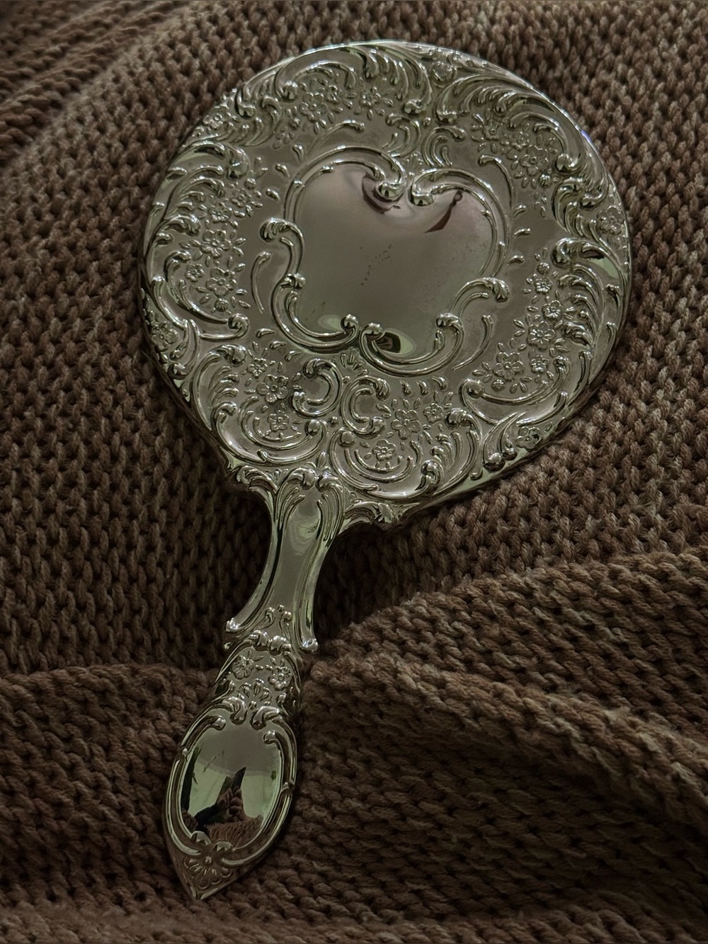 Vintage Antique 9” Silver Plated Ornate Vanity Hand Mirror